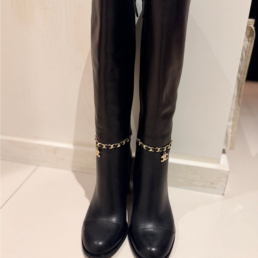 CHANEL Black Over the Knee Boots with Gold Accent